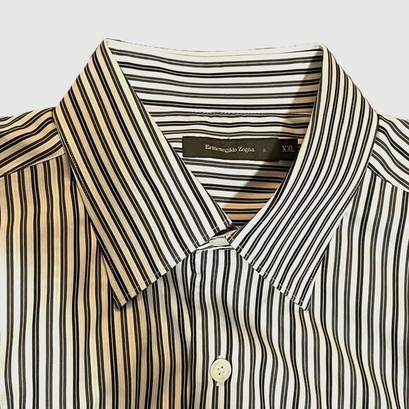 Zegna Men's XXL Dress Shirt Black Gray White Stripe Long Sleeve Button-Up - Picture 1 of 8